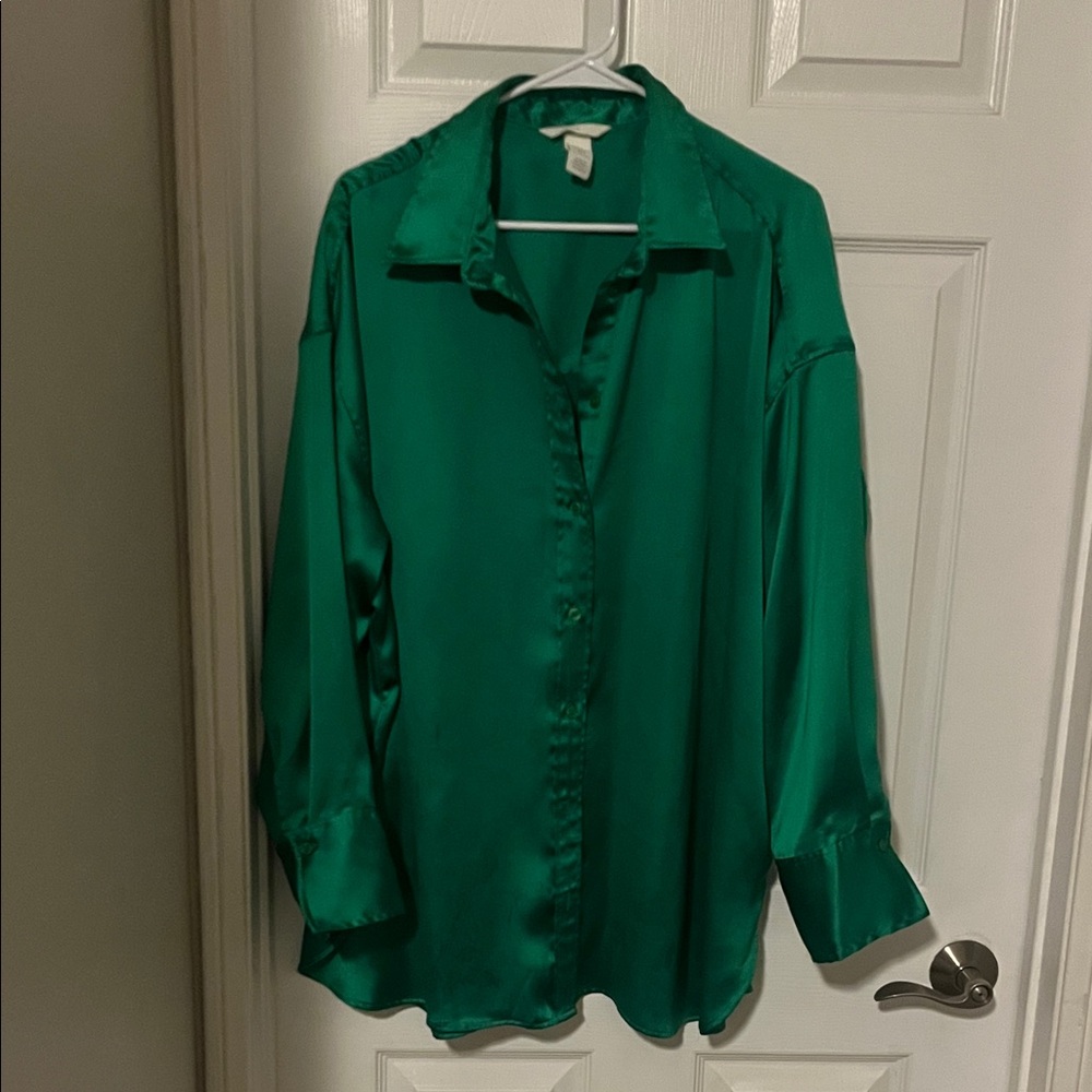 H&M Vibrant Green Satin Button Down Shirt